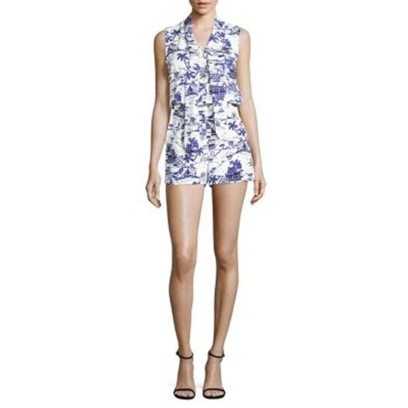 L'AGENCE Women's Behati Printed Silk Romper One Piece In White/Blue Size 2 - Picture 4 of 14